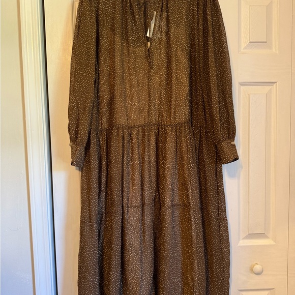Vince Dot Shirred Semi Sheer Long Sleeve Elegant Brown Midi Dress, size 3X, NWTS - Picture 10 of 15
